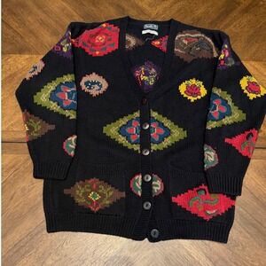 Vintage Harolds Intarsia Knit Cardigan Sweater Black Cotton Medallion Mens S/M